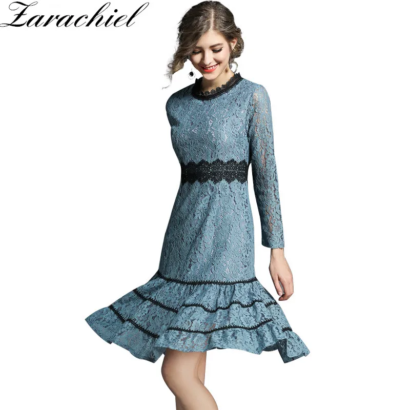 

New 2019 Spring Women Elegant Sweet Hollow Out Water Soluble Lace Dress Sexy Party Princess Slim Ruffles Midi Dresses Vestidos