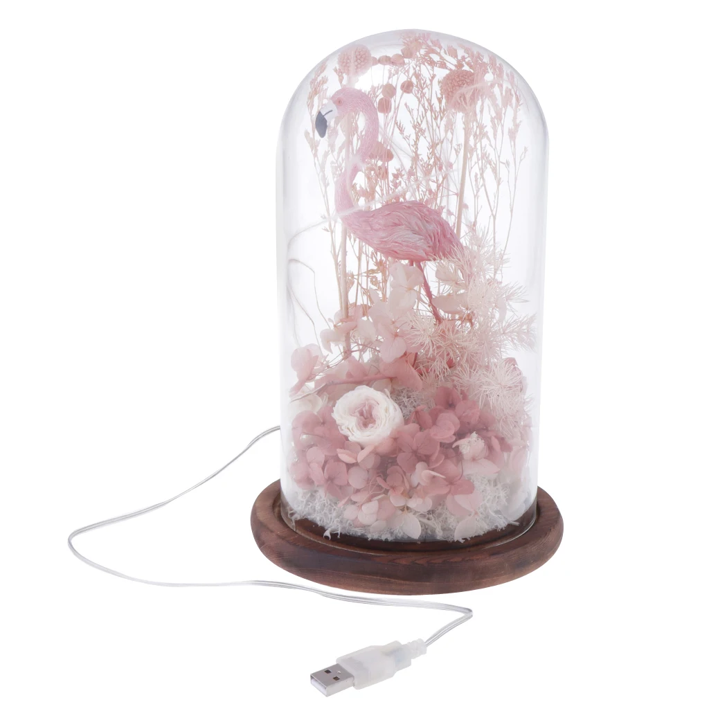 Flamingo and Flowers with LED Light In Glass Dome for Home Decoration