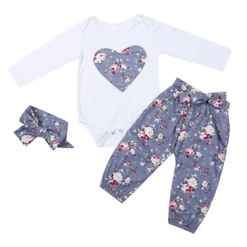 

3pcs Kids Clothing Set Newborn Baby Girls Long Sleeve Floral Heart Print Romper Tops + Pants Leggings + Headband
