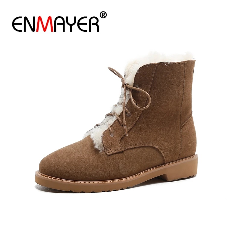 

ENMAYER Suede Woman Ankle boots Round Toe Fashion Boots for Women Winter Warm Snow boots Med heels Causal shoes Lace up CR666