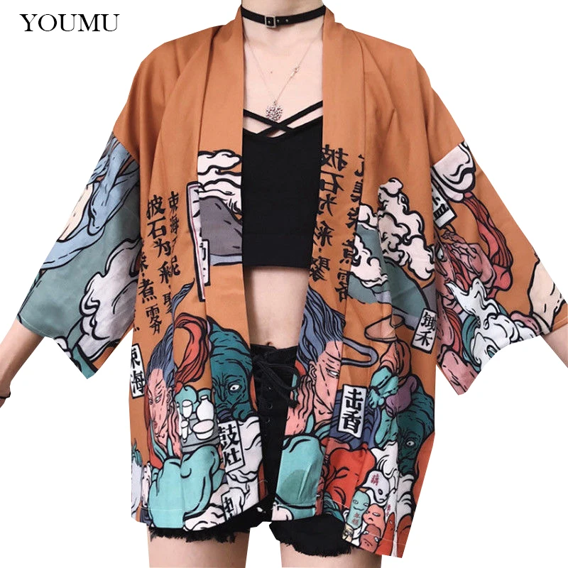 Women Kimono Jacket Outwear 3/4 Sleeve Japanese Style Printed Loose Tops Harajuku Girl Streetwear Vintage Coat Summer 226-126 Women Kimono Jacket Outwear 3/4 Sleeve Japanese Style Printed Loose Tops Harajuku Girl Streetwear Vintage Coat Summer 226-126