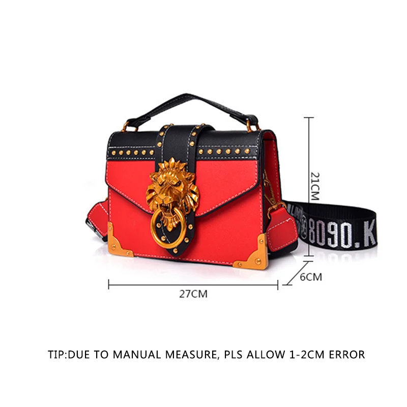 Luxury Women Fashion Rivet Handbag Metal Lion Head Female Wide Shoulder Bag Famous Design Lady Flap Bolsa Mini Crossbody SS3501 (5)