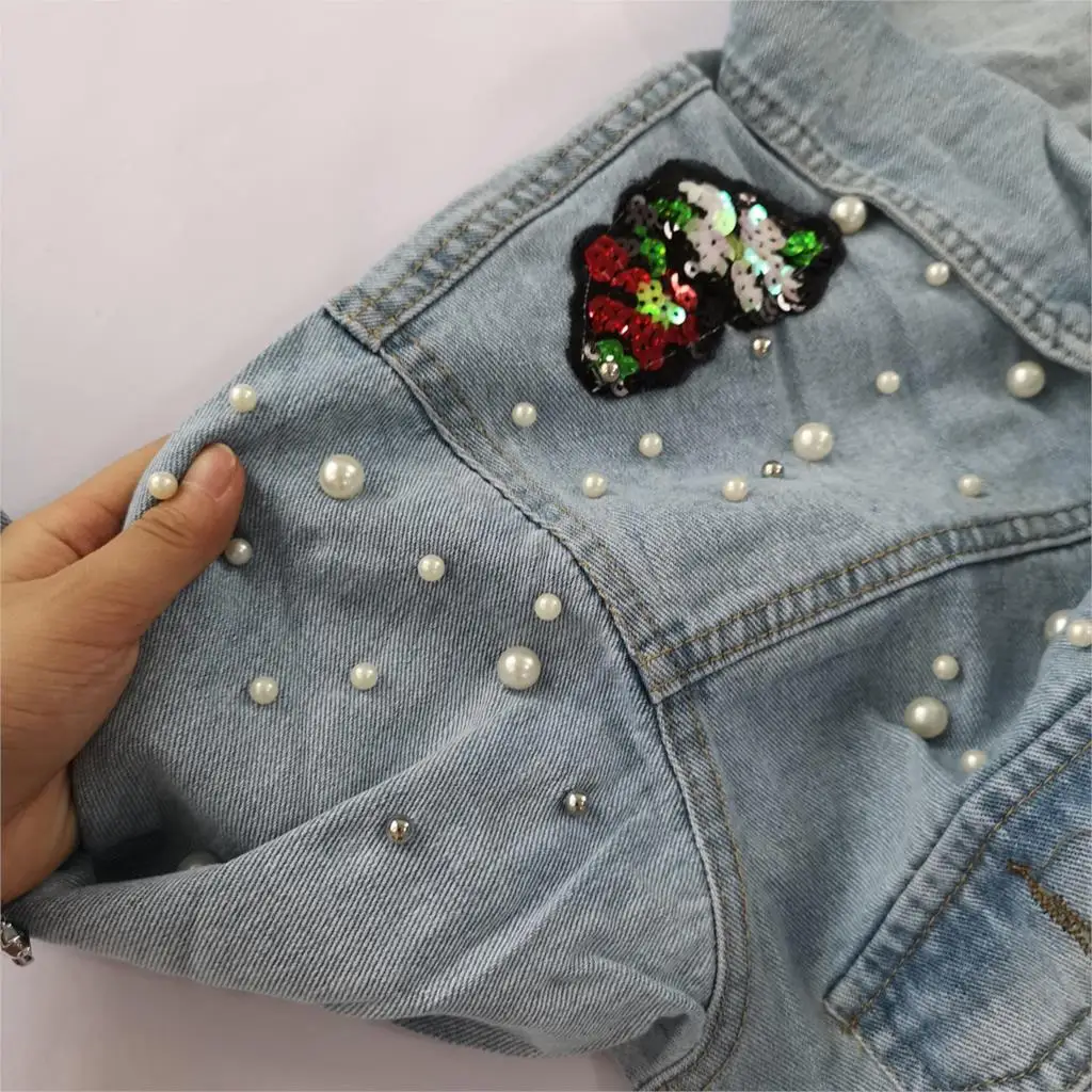 Женская куртка Sherhure джинсовая с блестками и жемчугом 2019|jacket coat women|jacket coatembroidery jacket
