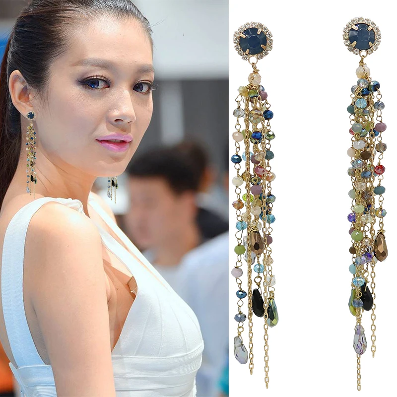

luxury Hand weaving crystal Chic tassel earrings multicolor for Women's boho ethnic long tassle earrings jewellery