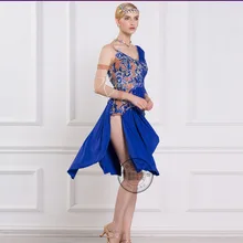 Новинка, ботильоны синего цвета высокого vent одним рукавом Плиссированные Румба ча-ча танго конкурс латиноамериканских танцев платье Rihinestone