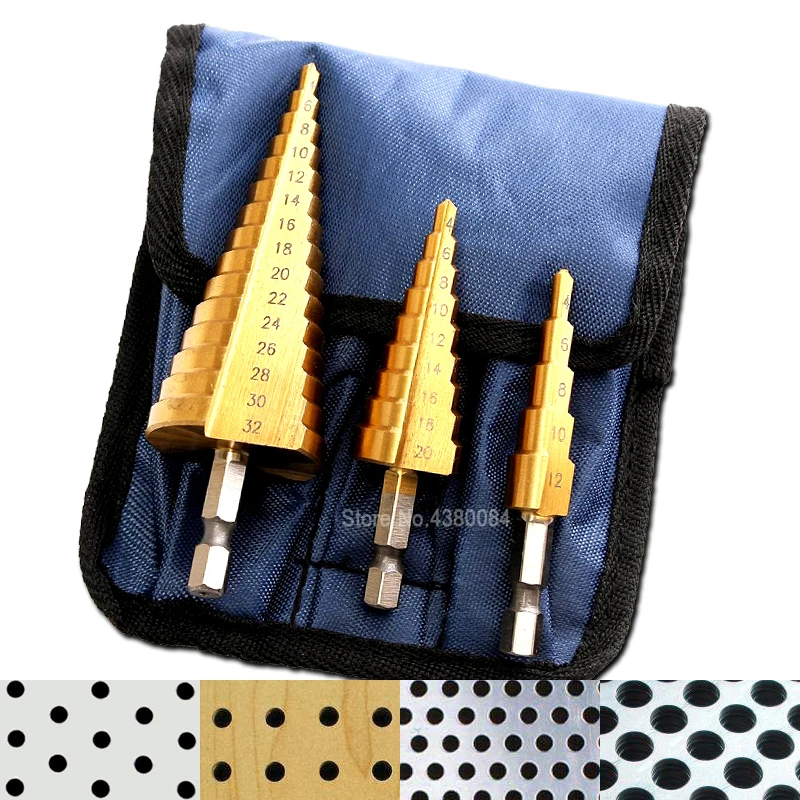 

3Pcs Set 4-32/20/12MM Titanium Coating HSS Step Drill Bits 1/4'' Hex Shank Cone Grooved Hole Cutter DIY Punching Power Tools