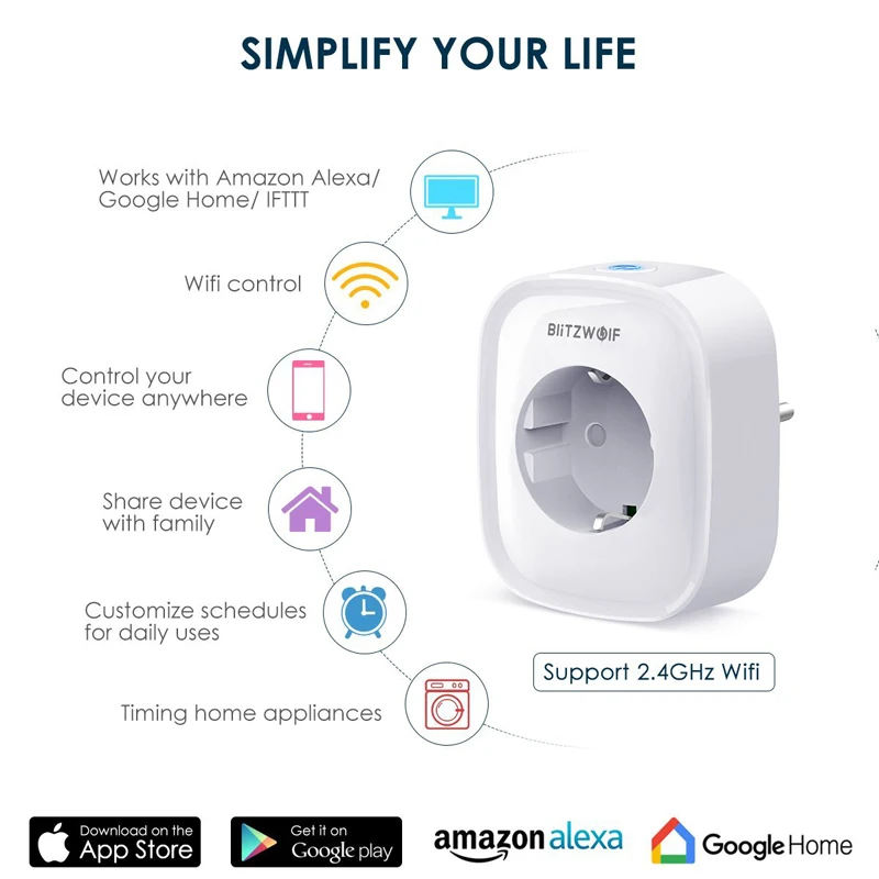 Умная розетка BlitzWolf BW SHP2 евророзетка с удаленным управлением Wi Fi 220 В 16 А Amazon Alexa