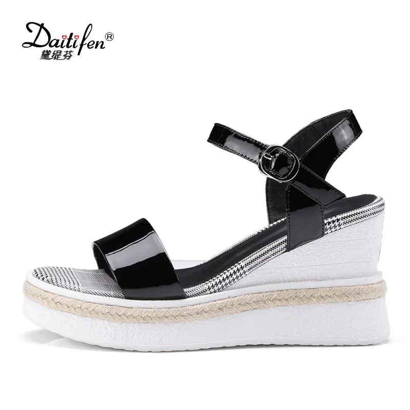 Daitifen Women Genuine Leather Platform Wedges Sandals Casual Gingham ...