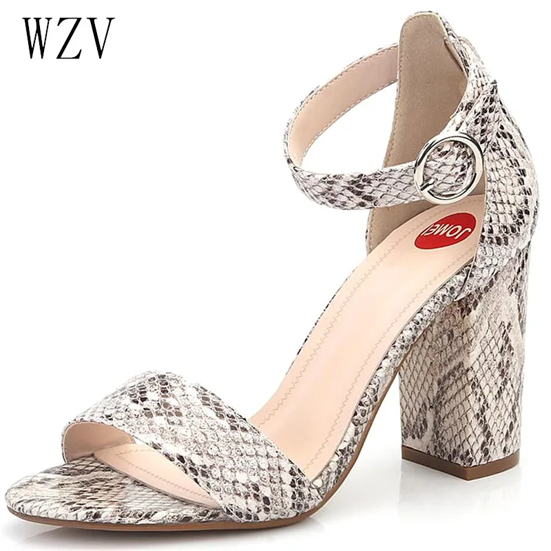 

Women Shoes Sandals 2019 Summer Ankle Wrap Sandals High Heels Chunky High Heel Work Shoes Black Beige Snake Texture 36-41 H336