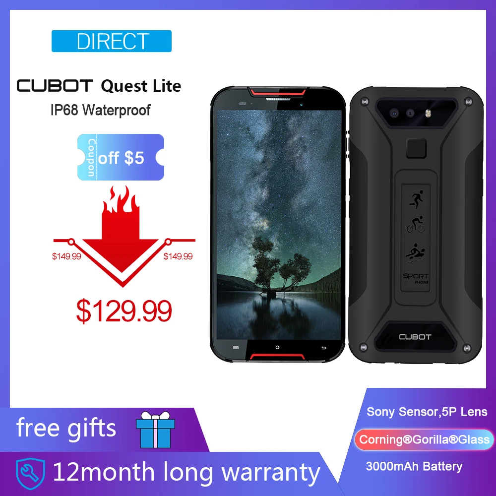 

Cubot Quest Lite IP68 Sports Rugged Phone MT6761 5.0" Android 9.0 Pie 3000mAh 3GB+32GB Smartphone 4G LTE Dual Camera Type-C