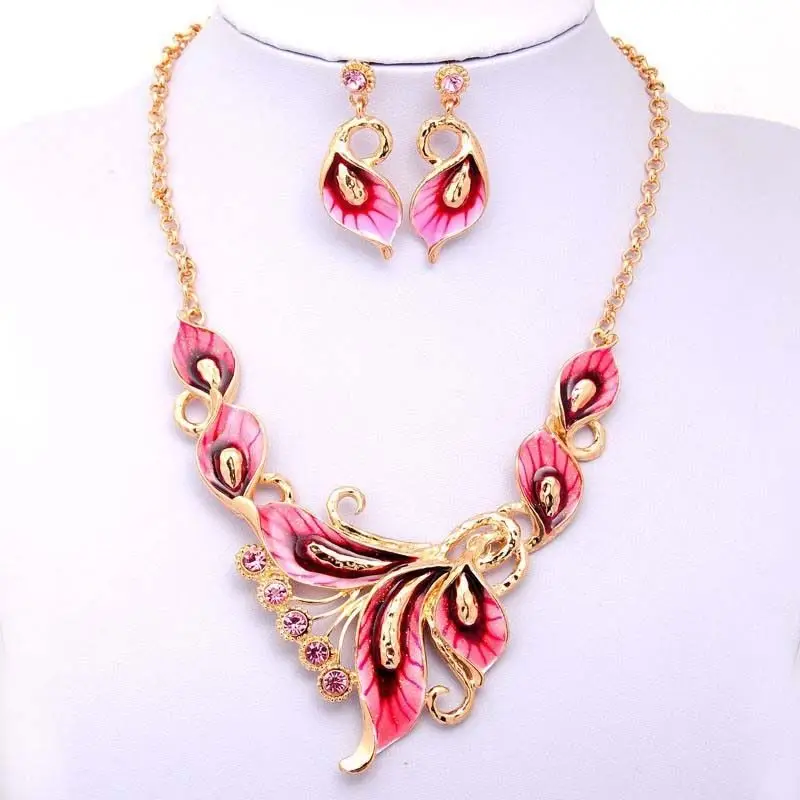 

High Quality Ble Red Rhinestone Necklace Earrings Charm Set Women Oil Printing Gold Color Wedding Jewelry Set Indian Jewelry