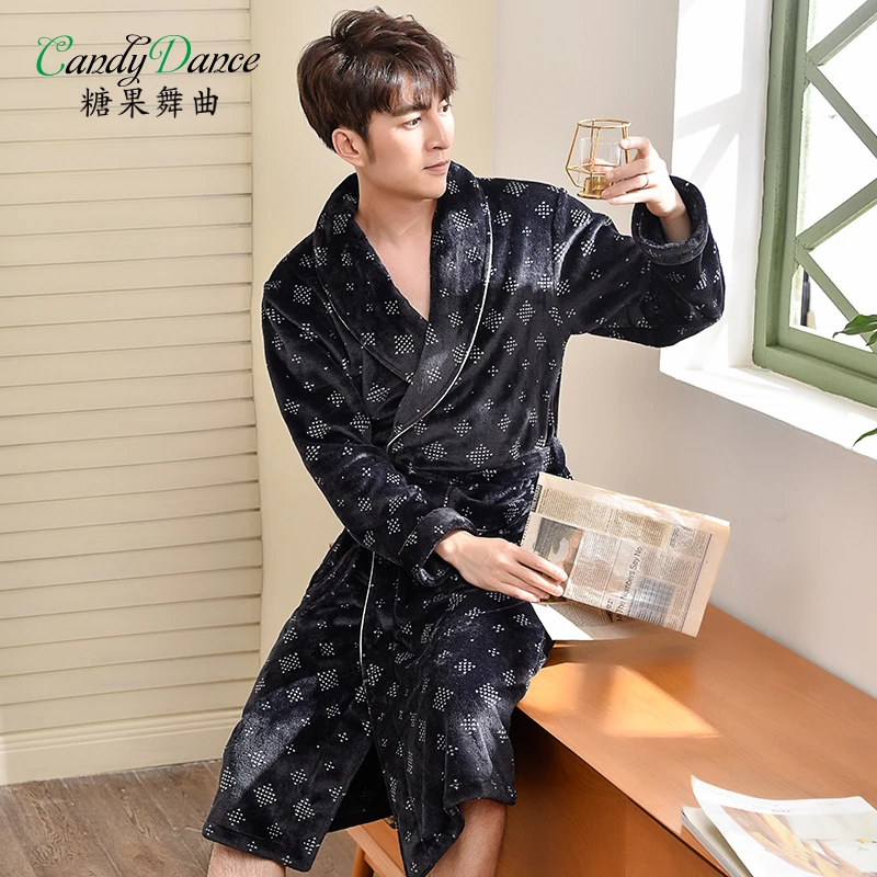 Men's winter flannel bathrobes thick coral fleece thermal robes medium