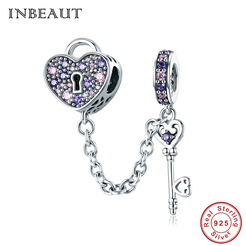 

INBEAUT Foerver Love 925 Sterling Silver Heart Key Safety Chain Pink&Purple CZ Carved Romantic Charm Beads fit s925 Bracelet