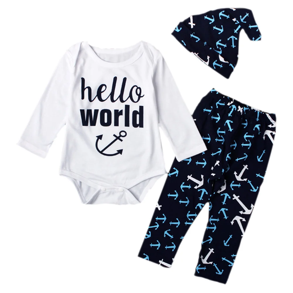 

3 PCS Navy Blue & White Baby Boy Clothing Set One-piece Long Sleeve Bodysuits + Anchor Hat + Leggings Coming Home Outfits YM40TZ