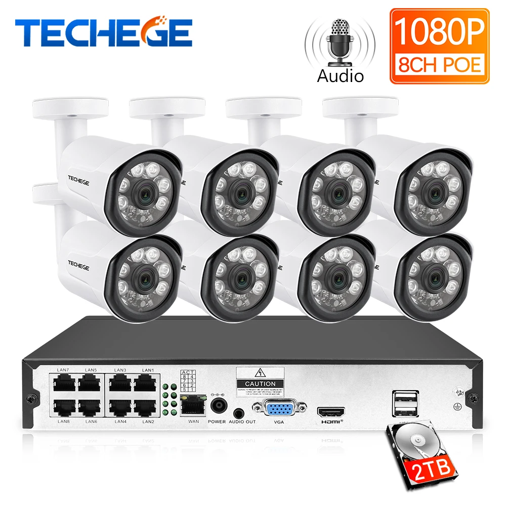 Techege аудио 1080 P POE NVR Kit 8CH H.265 CCTV Камера Системы открытый 2MP IP для камеры наблюдения