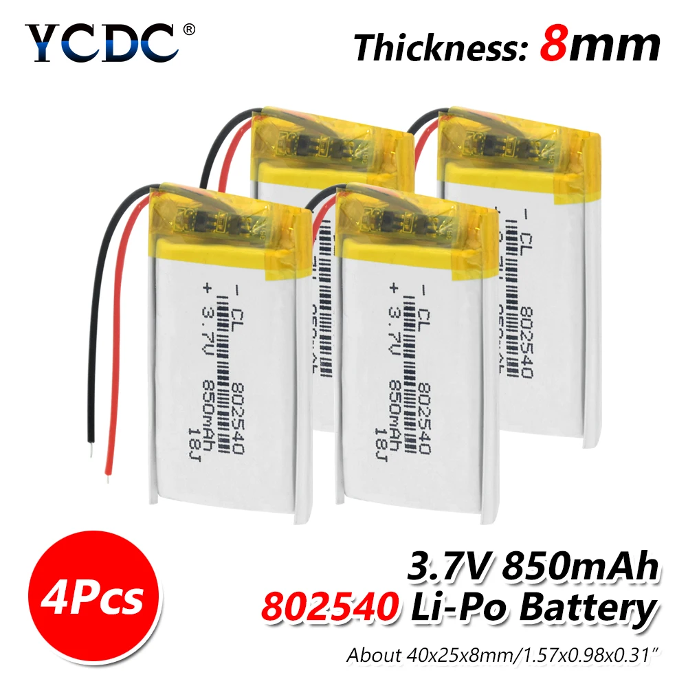 

3.7V 850mAh 802540 Li-ion Battery Lithium Polymer Li-Po li ion Rechargeable Lipo cells For MP3 MP4 Bluetooth Speaker Headset DIY