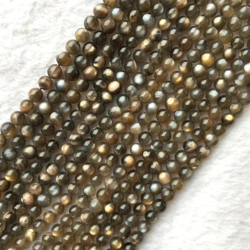 

Wholesale Real Genuine Natural Gray Black Gold Sunstone flash light Round Loose Gemstone Ball Small Beads 6mm 15" 05619