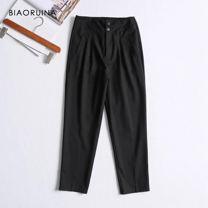 

BIAORUINA Women Black Casual All-match Pencil Pant Ankle Length Office Lady High Waist Two Buttons Pant Fashion Elegant Pants