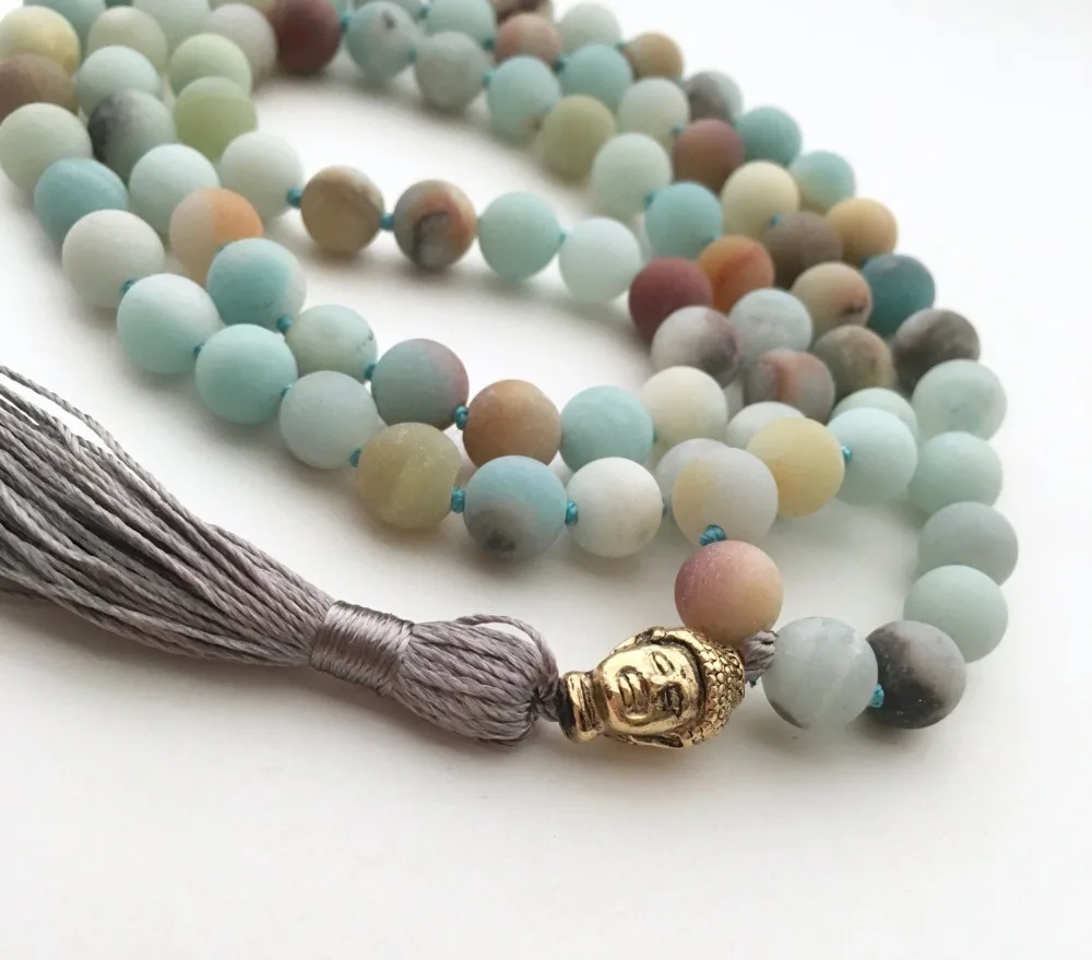 Matte Amazonite Mala 108 Bead Malas Hand Knotted Necklace Buddhist