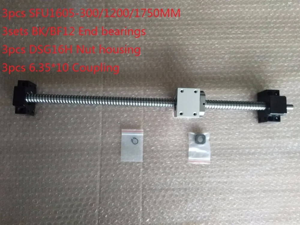 

3pcs ball screw RM1605-300/1200/1750mm+3sets BK/BF12 end bearings+3pcs nut housing+3pcs coupler cnc
