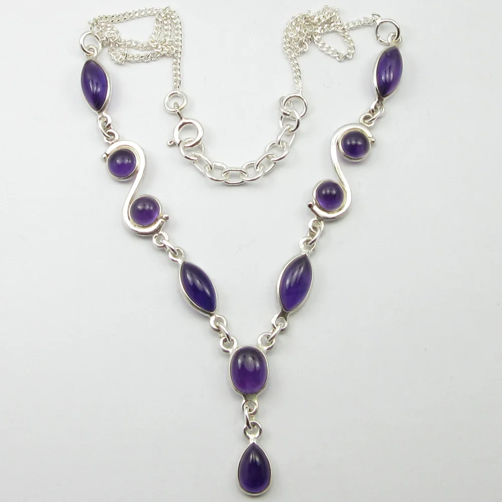 

SOLID SILVER Purple Amethysts Handmade Necklace 17.7" ! JEWELRY