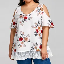 Модная женская шифоновая кружевная Свободная Женская рубашка с открытыми плечами размера плюс, Повседневная Блузка с коротким рукавом, летняя женская блуза