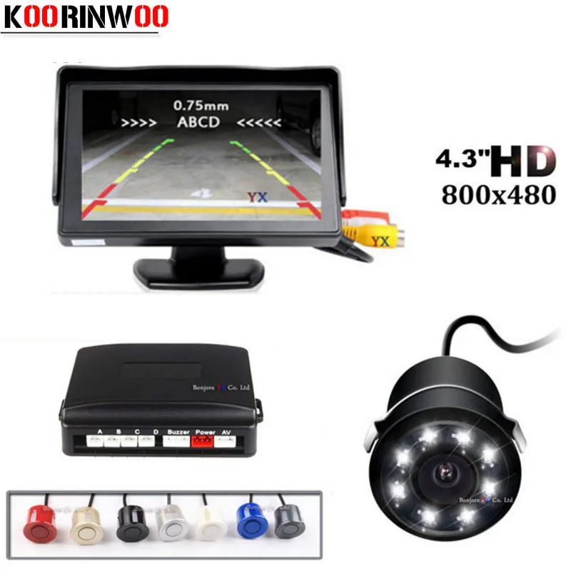 

Koorinwoo Car Video System RCA 12V lCD Screen 800*480 Car Parking Sensor 4 Radars Buzzer Car Rear view Camera Backup Parktronic