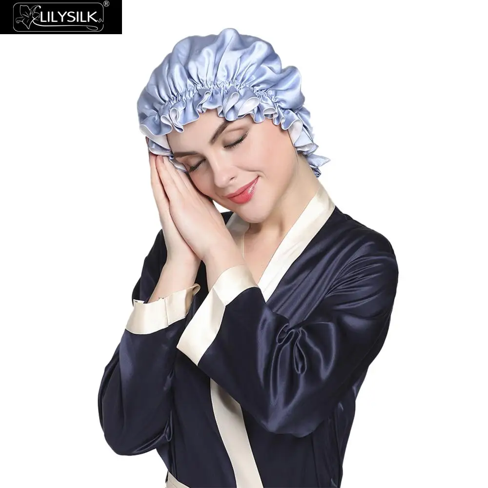 Lilysilk Double Silk Night Sleep Cap Luxury Women Hat Accessories Lady - Цвет: Light blue and White