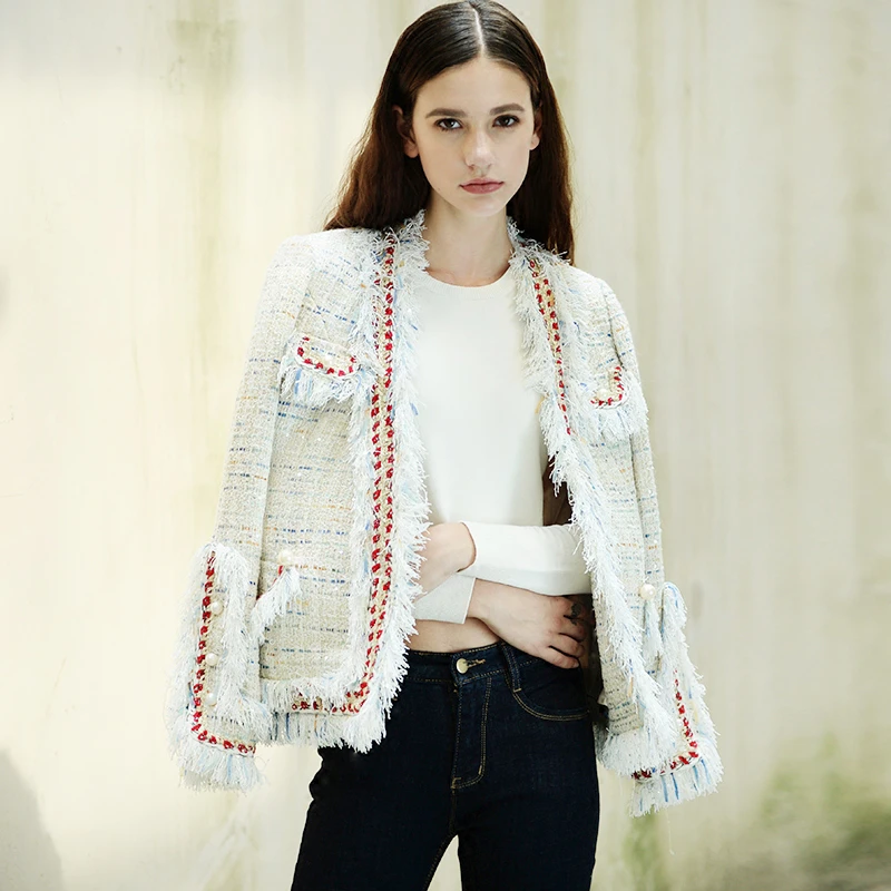 v cuello chaqueta de tweed siesta 2017 Otoño/Invierno señoras de la capa de las mujeres a mano con cuentas de manga larga chaqueta de tweed blanco|tweed jacket|white tweed jacketjacket white -