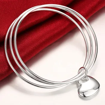 

2019 New Trendy 925 Sterling Silver Three Circle Heart Pendant Bracelet Bangles For Women Jewelry Love Bracelet