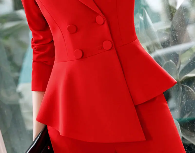 2019 демисезонный для женщин Красный Элегантный женский офисный жакет работы костюм повседневное тонкий Раффлед двубортный Блейзер solid