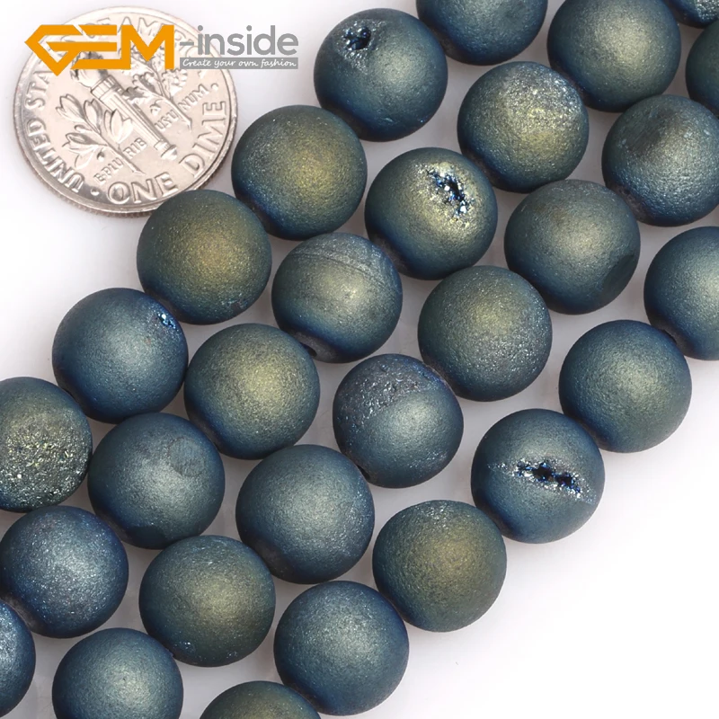 

10mm Dark Blue Round Natural Druzy Drusy Metallic Coated Agates Stone Gem stone Loose Beads for Jewelry Making Strand 15"