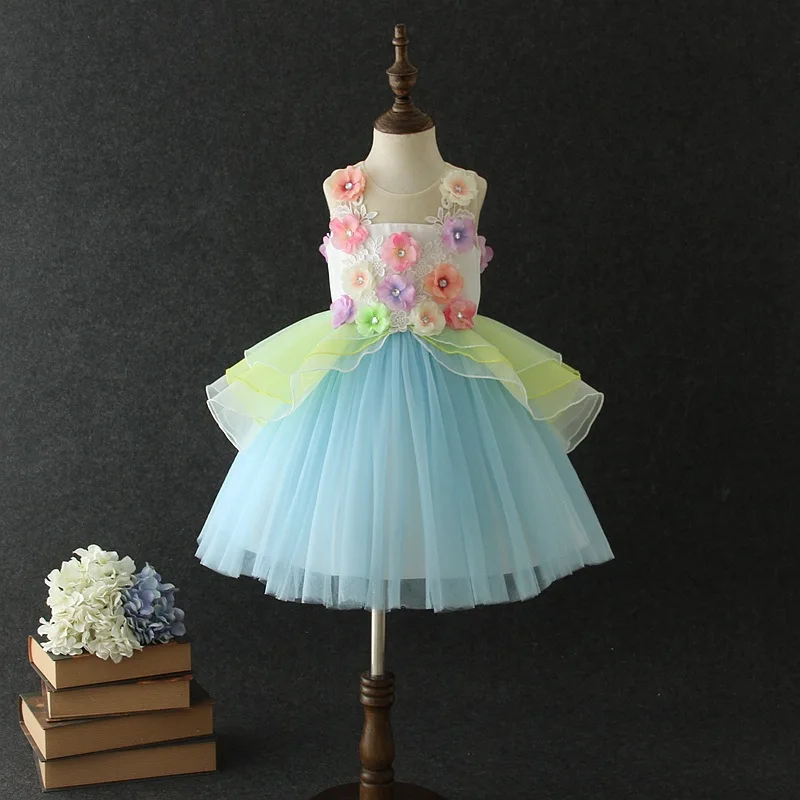 Новое платье с цветочным узором для девочек, для свадебной вечеринки, для прогулок, Бальное, семь цветов, кружевное платье принцессы для девочек на день рождения, платье для девочек, vestido