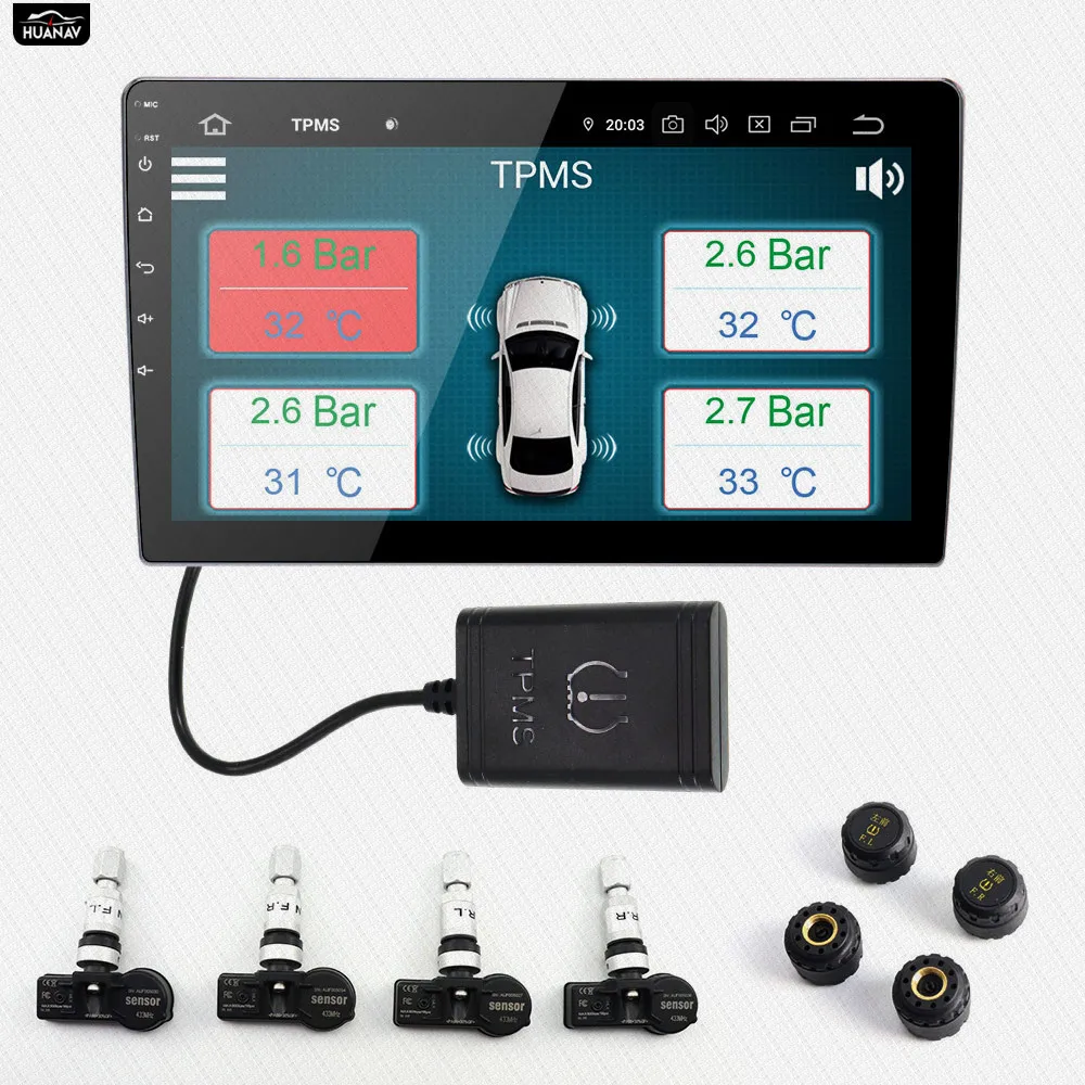 HUANAV USB Android TPMS система контроля давления в шинах Дисплей Сигнализация 5 в внутренние датчики навигация автомобильное радио 4 датчика