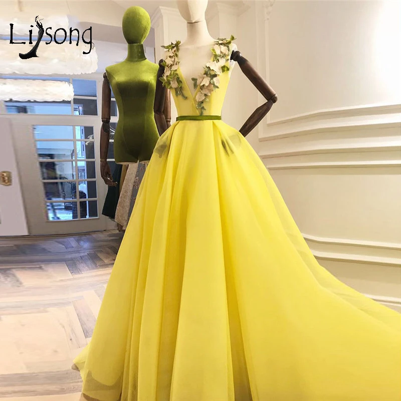 Blight Желтые Вечерние платья с объемным цветком, v-образный вырез, шнуровка, а-силуэт, Длинные вечерние платья, красивые вечерние платья, Vestido Longo Abendkleider