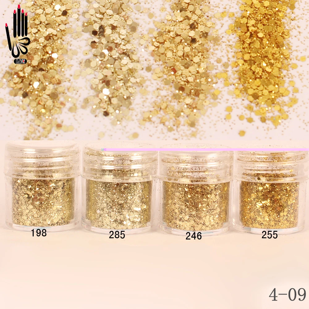 

1 Jar/Box 10ml 3D Nail 4 Champaign Gold Mix Nail Glitter Powder Sequins Powder For Nail Art Decoration Optional 300 Colors 4-09