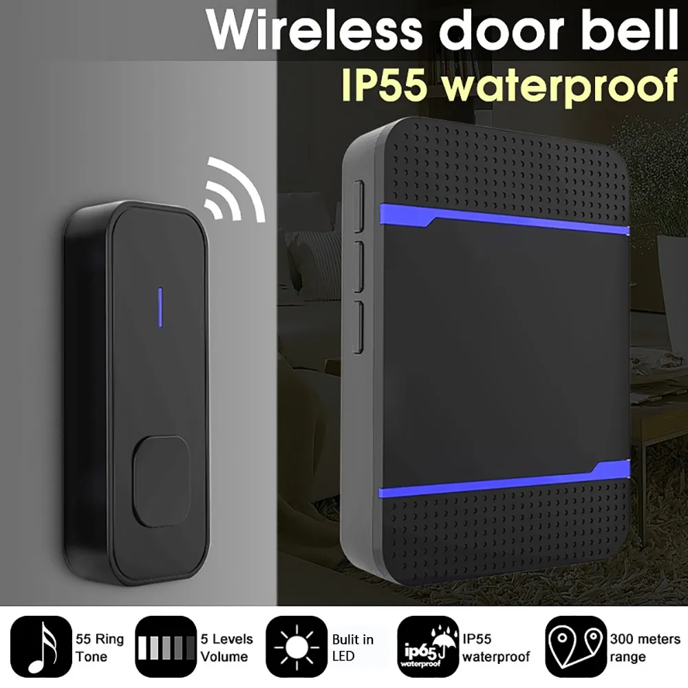 Black/White No Battery 55 Songs Chime Doorbell LED Waterproof Wireless Doorbells 300M Remote 1000FT Smart Door Bell 5 Volume Black/White No Battery 55 Songs Chime Doorbell LED Waterproof Wireless Doorbells 300M Remote 1000FT Smart Door Bell 5 Volume