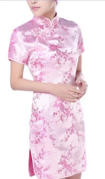 Винтажное элегантное мини платье Чонсам атласное с коротким рукавом китайское платье Ципао вышитое сливой Чонсам костюм Тан для женщин - Цвет: Pink