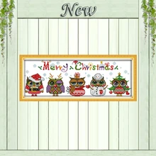 Navidad búhos dibujos animados diy pintura contada impresión en lienzo DMC 11CT 14CT kit NKF bordado conjuntos de costura(China)