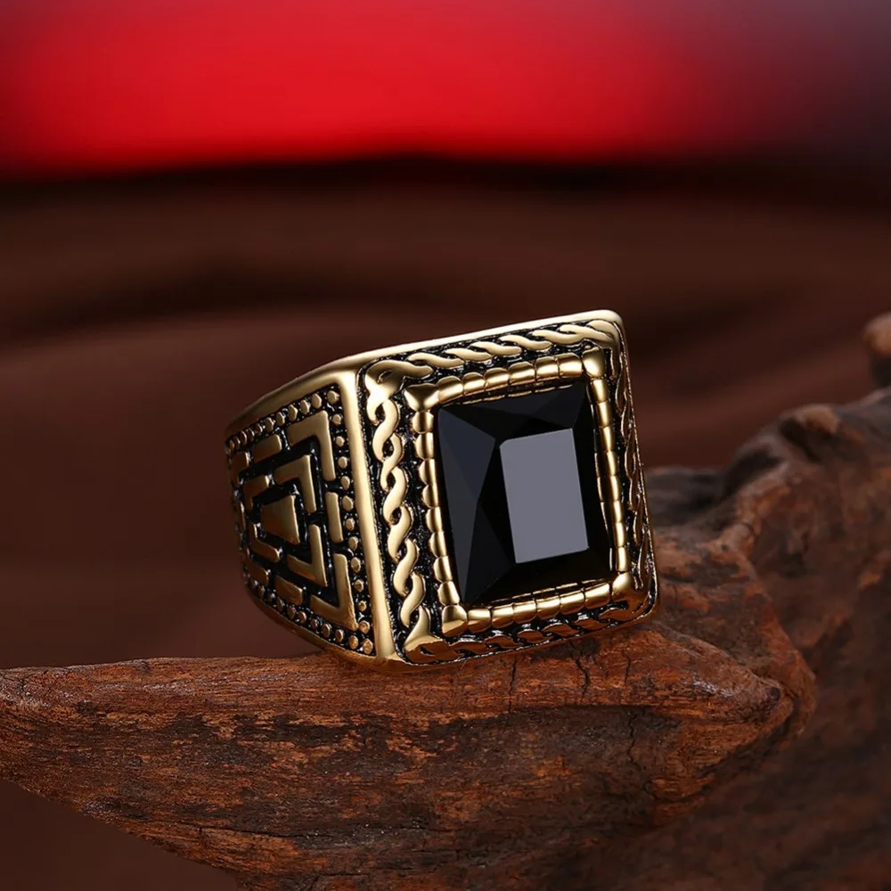 Square Black Stone Men Seal Ring Signet Gold Color Classic Wedding Band Male Rings Titanium Stainless Steel Biker Band DCR065