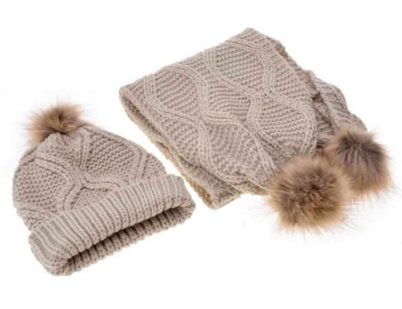 Детская шапка с помпоном для женщин, зимняя теплая вязаная шапка для родителей и детей, комплект с шарфом, однотонные серые, белые, черные