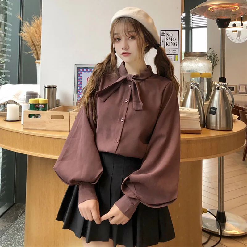 

Tie Bow Neck Button Lantern Long Sleeve Sweet Pretty Women Ladies Autumn Spring Blouse Korean Japan Fashion Top Shirt Lolita Tee