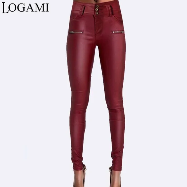 LOGAMI Pu Leather Pants for Women Skinny high Waist Slim Faux Leather Trousers Clothes Pants Autumn Wine Red Pantalones Mujer