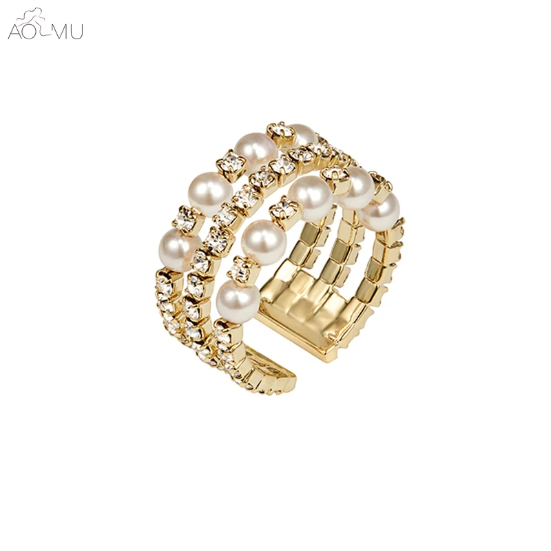 

AOMU Fashion Sweet Gold Metal Three-layer Pearl Crystal Rhinestone Adjustable Open Rings for Women Wedding Party Jewelry Gift