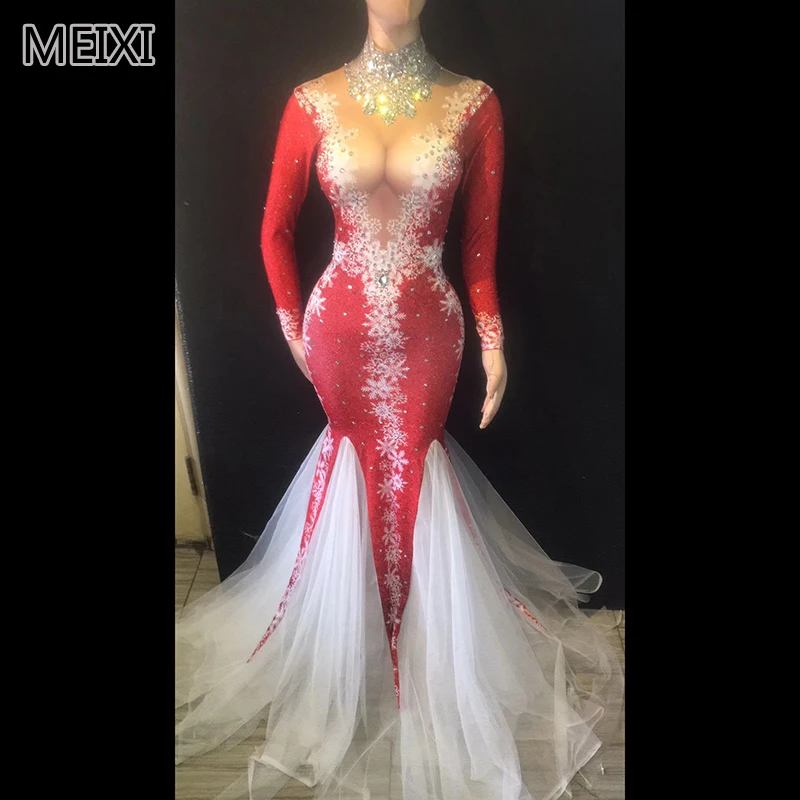 Atmospheric red deep V snowflake rhinestone gauze dress bridal luxury bar birthday party concert singer dancer costumes Atmospheric red deep V snowflake rhinestone gauze dress bridal luxury bar birthday party concert singer dancer costumes