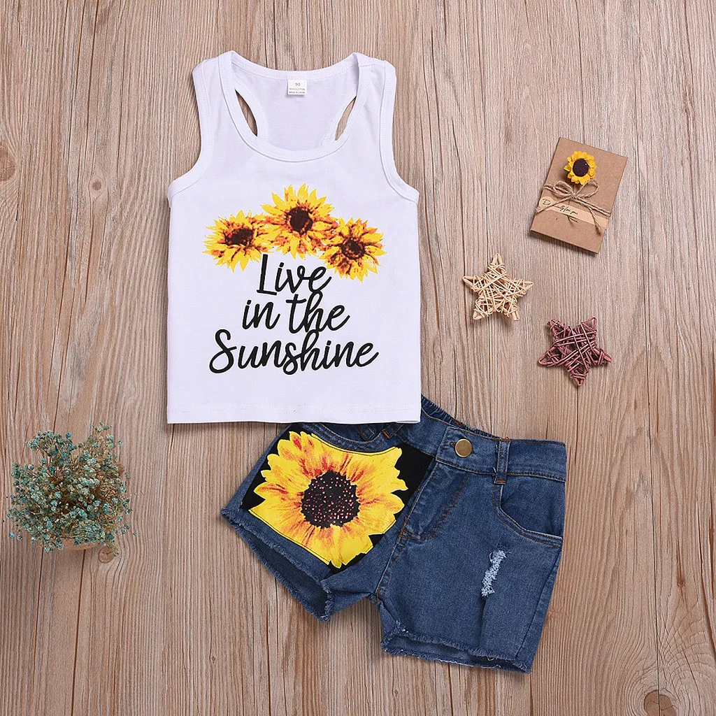 

Kids Baby Girl Sleeveless Letter Print Live in the Sunshine Top T-Shirt + Sunflower Flower Denim Shorts Two-Piece Set Outfits