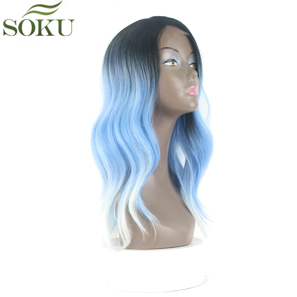 SOKU Synthetic Lace Front Wigs For Black Women Ombre Blue Body Wave Lace Wigs Kanekalon Heat Resistant Side Part Wigs Long Hair