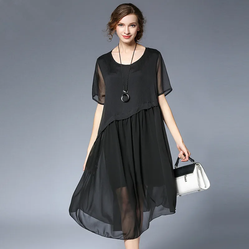 

Plus Size Dress XL XXL XXXL 4XL Solid Pleated Chiffon Fairy Sexy with Textured See-through Short Sleeves Irregular SummerDresses