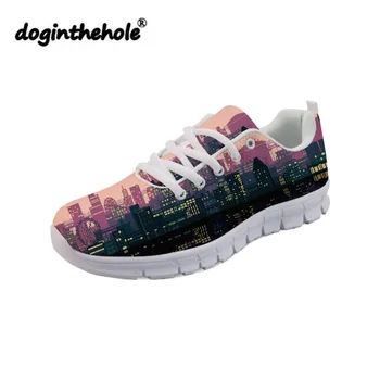 

doginthehole Women's Sneakers Art City Landscape Construction Printing Flat Shoes for Female Lace-up Mesh Shoes Ladies Footwear