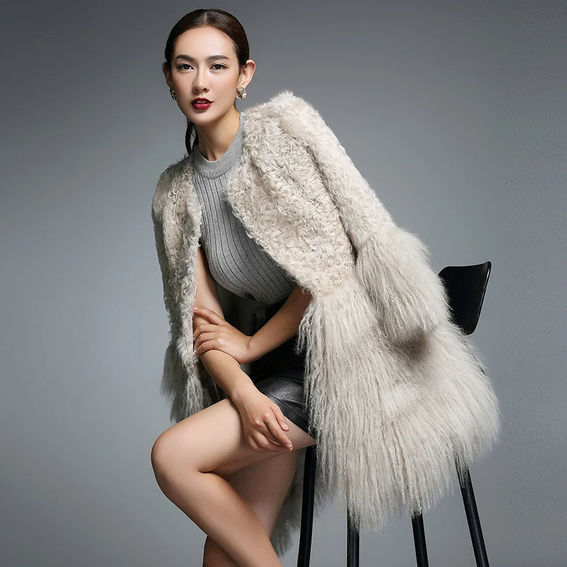 Real Fur Coat for Women Natural Lamb Fur with Mongolia Sheep Fur Coats rf0093B